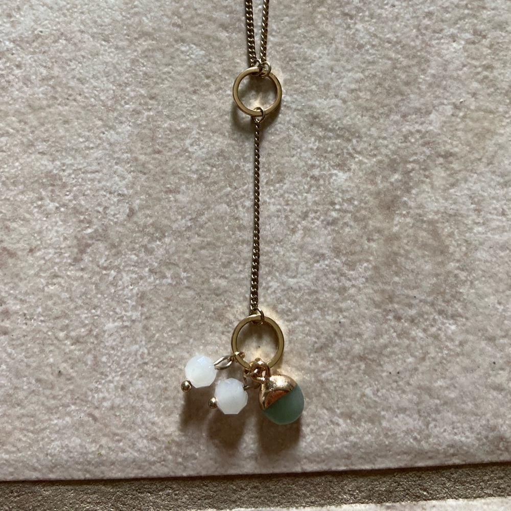 Charming Charlie’s necklace - sage green pendant with white beads and gold hoop